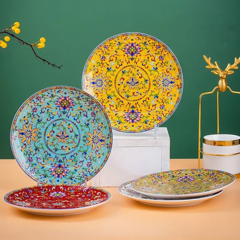 

Dishes, fruit plates, household new Chinese large flat creative enamel steak plates.