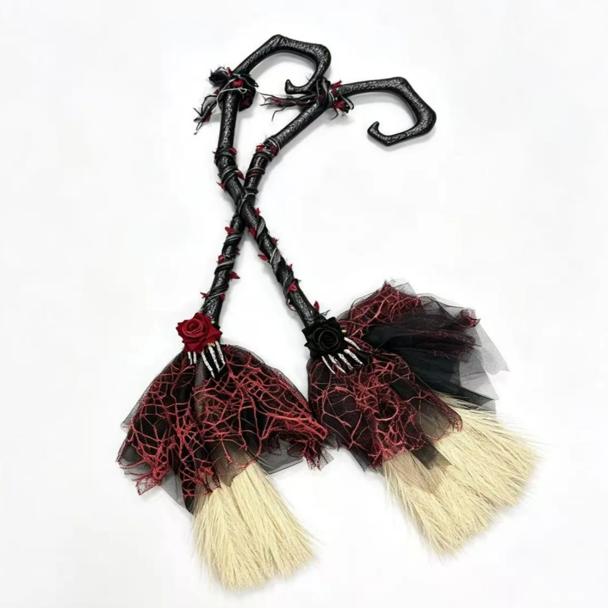 Gothic Witch Broom Cosplay Red Rose Witches Decor Magic Wand Halloween Carnival Dress Up Party Costume Props 4