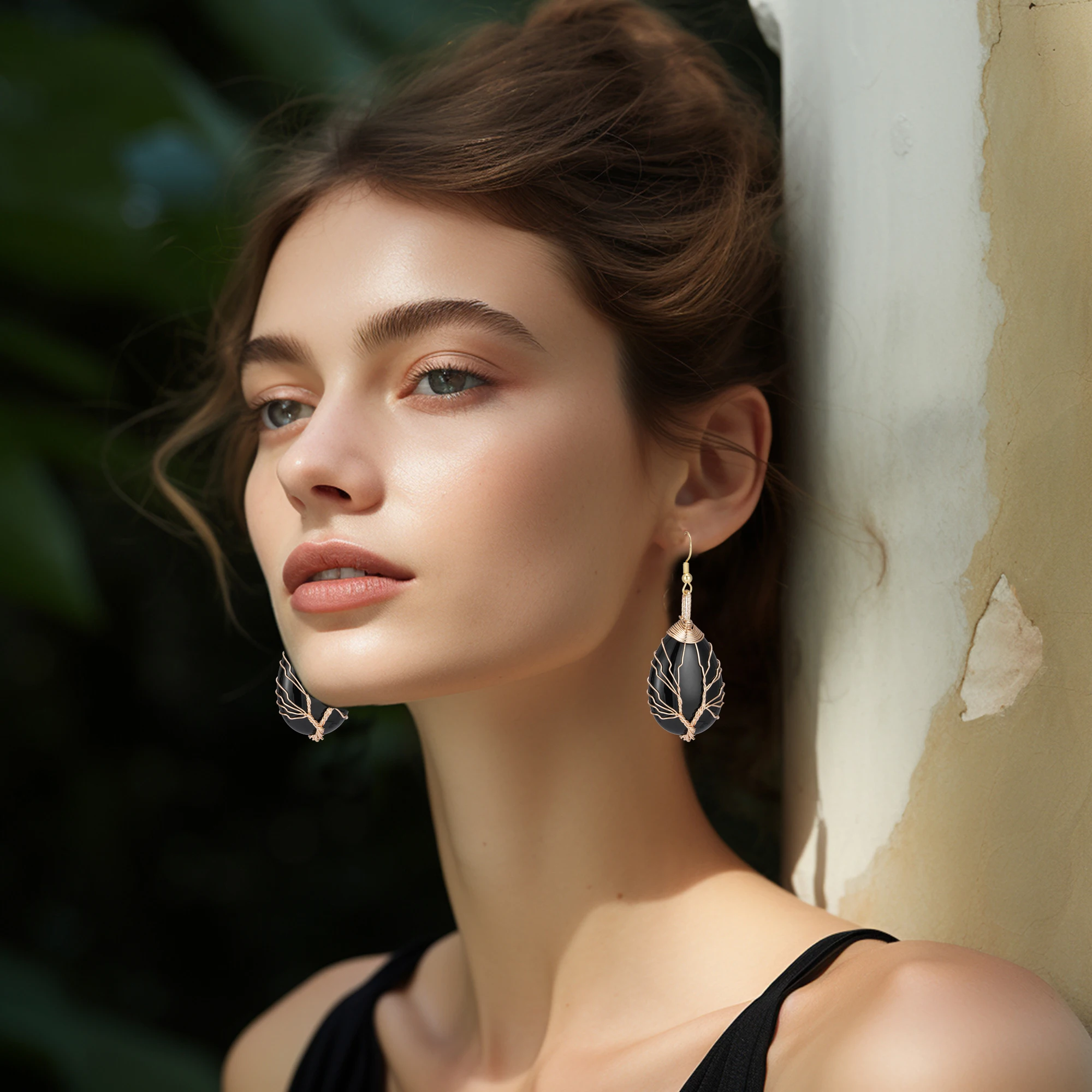 Handmade Teardrop Black Agate Crystal Dangle Earrings for Women, Wire Craft Tree of Life Earrings