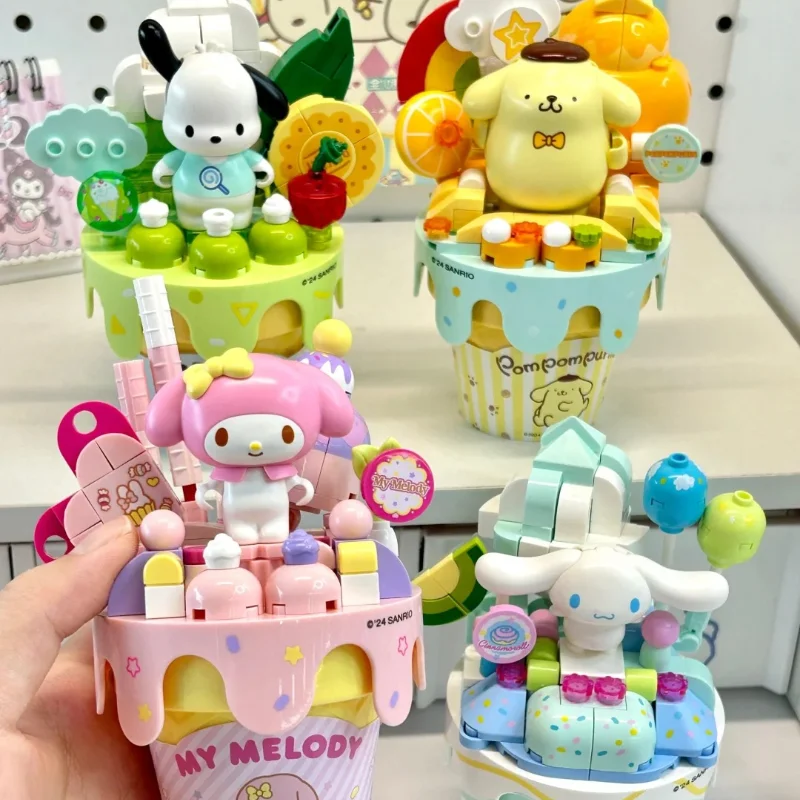 New Keeppley Sanrio Building Blocks Hello Kitty Kuromi Pochacco Cinnamoroll Ice Cream Cone Splicing Model Toy Ornaments Gift