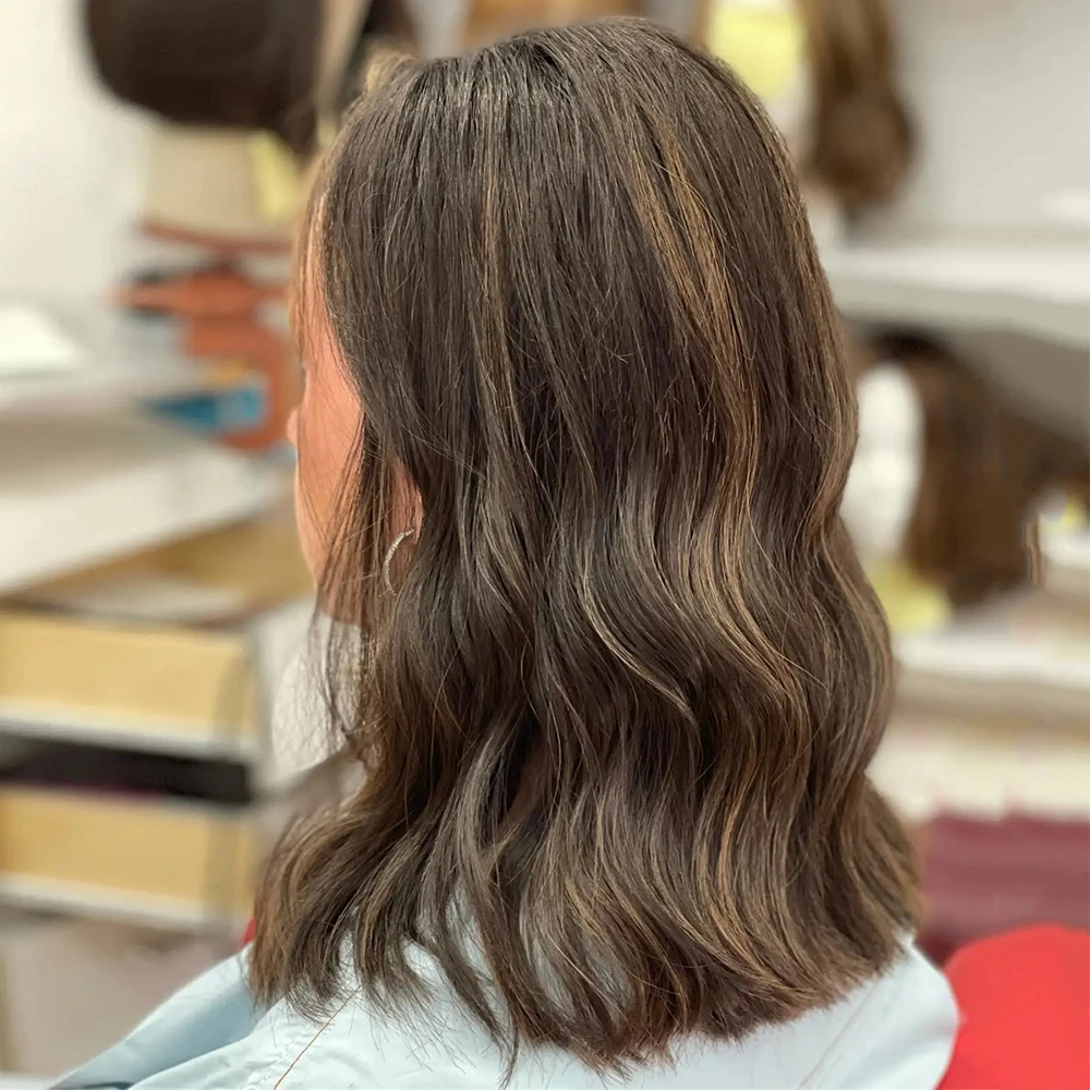 Women's Natural Wave Brunette Wig Dark Brown with Blonde Highlights Synthetic Lace Front Glueless Daily Use Short 10% Human Hair