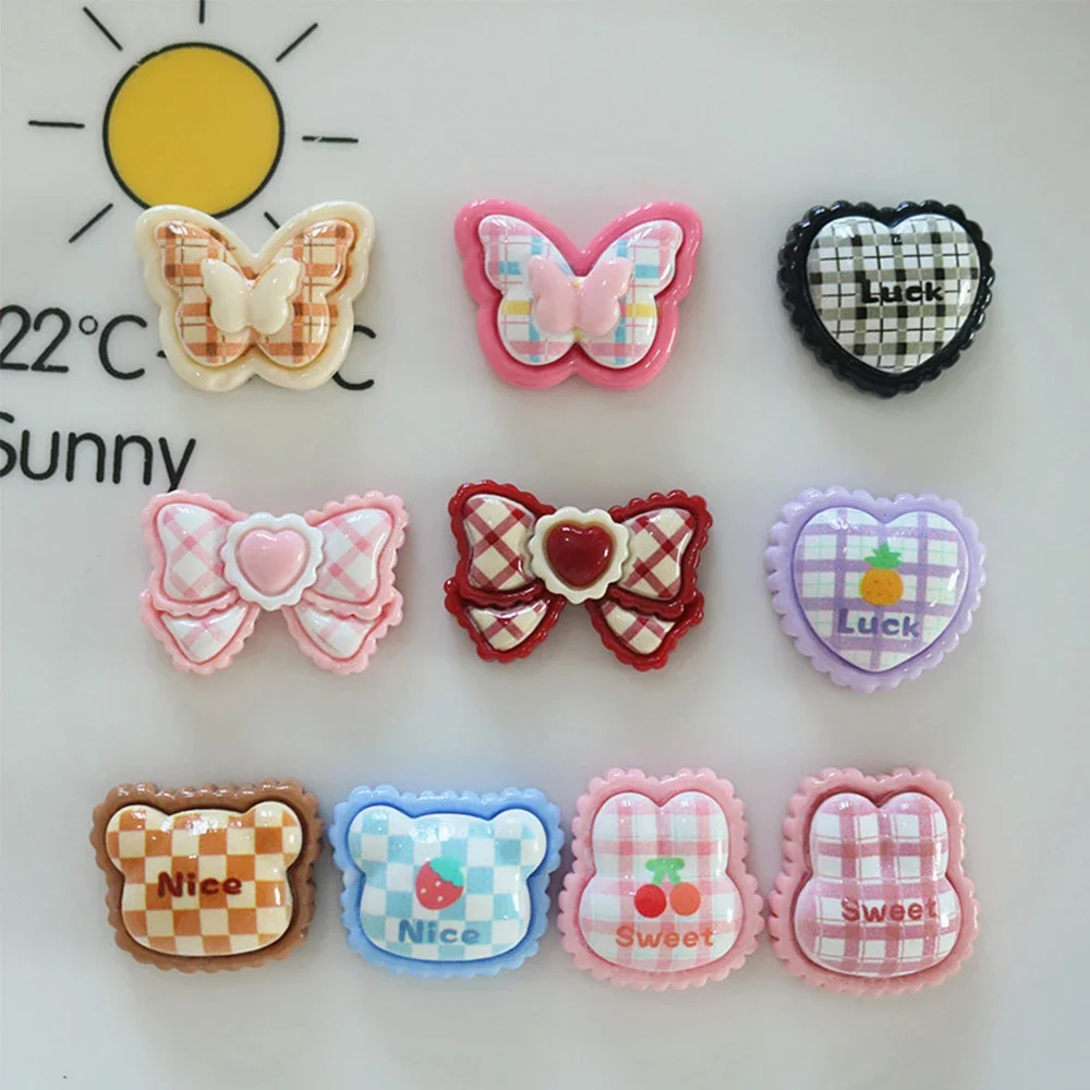 10PCS Shiny Plaid Heart Series Miniature Flat Back Resin Cabochons For Hairpin Scrapbooking DIY Home Decor Craft Accessories