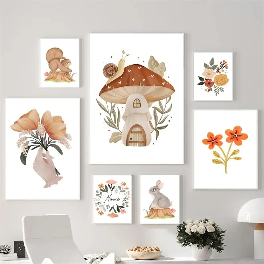 Bear Rabbit Flower Mushroom Woodland Nursery Boho Wall Art PostersCanvas Painting  And Prints Wall Pictures Baby Kids Room Decor