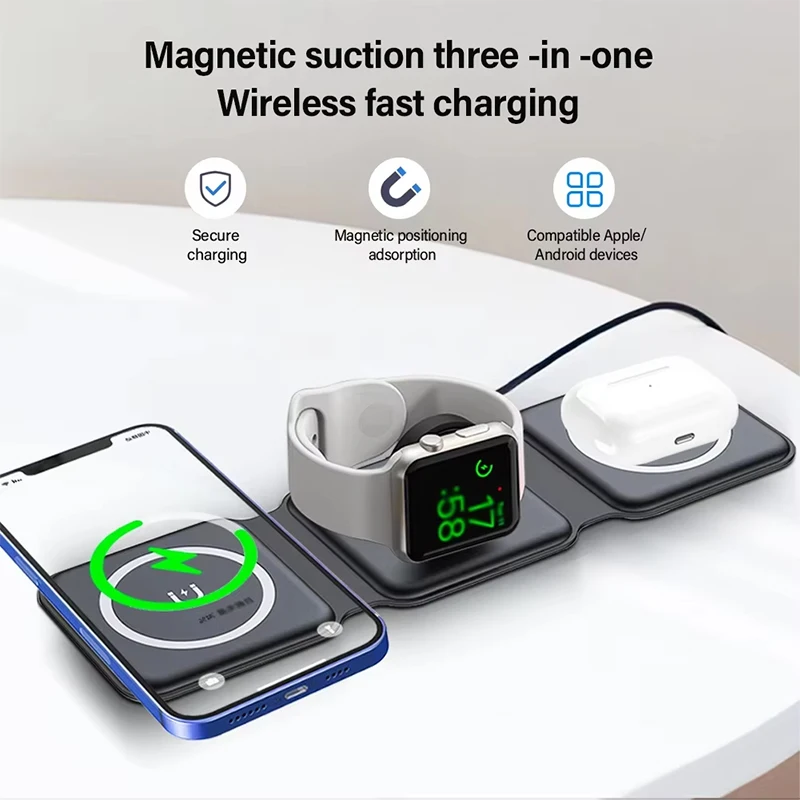Universal Qi2 Magnetic Foldable Charging Station Travel Charger for iPhone Samsung Xiaomi OPPO 3 in 1 Wireless Charger view 3