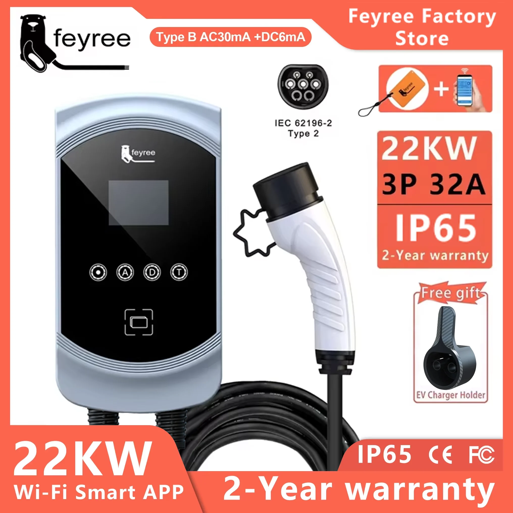 شاحن Feyree-EV للسيارة الكهربائية ، كابل من النوع 2 ، EVSE Wallbox ، 3 مراحل ، مقبس ، تحكم بالتطبيق ، 32 أ ، 7.6 كيلو وات ، 11 كيلو وات ، 22 كيلو وات