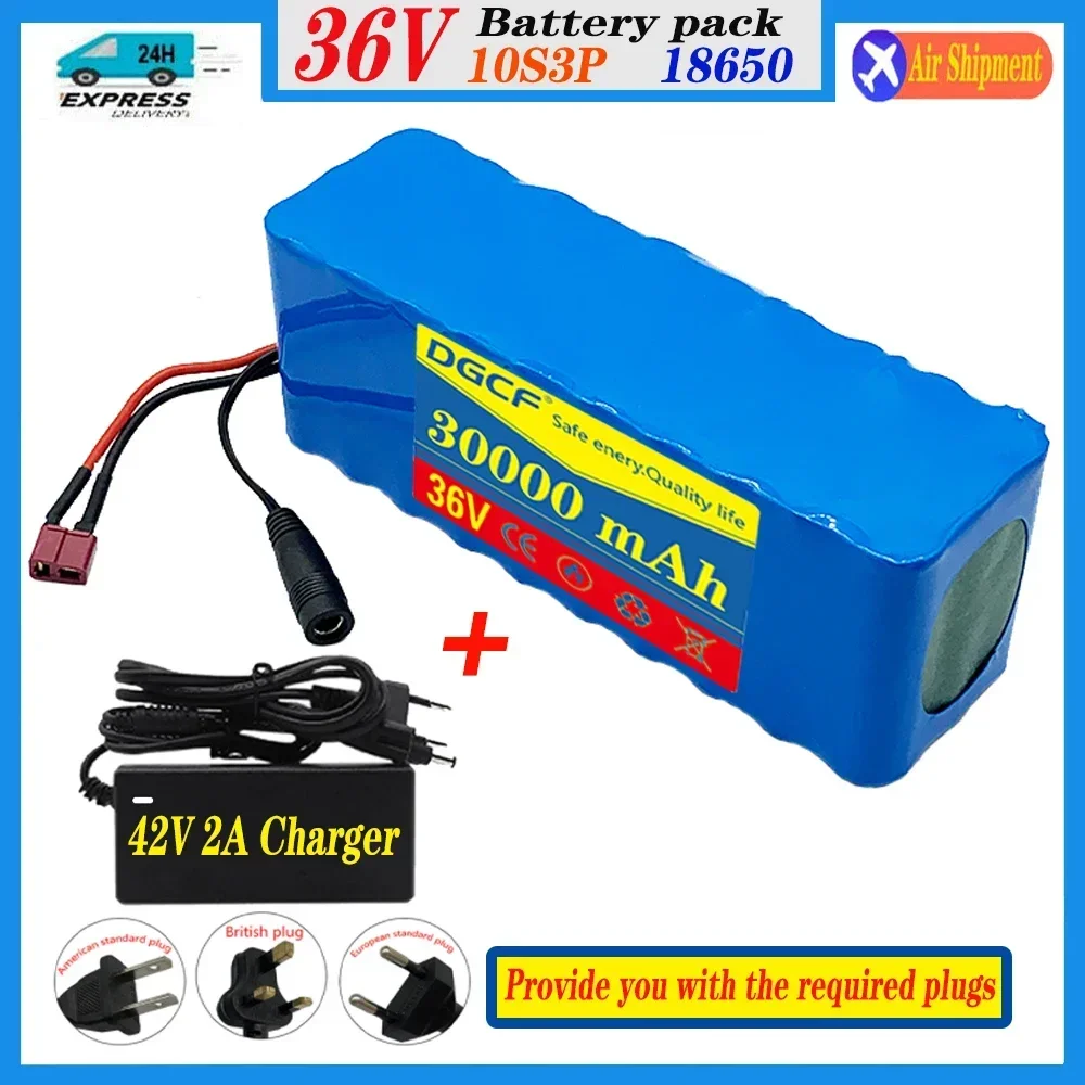 36V 100Ah 18650 battery pack 10S3P 30000mAh built-in 15A BMS, 250W-500W scooter, electric bicycle battery + 42V 2a charger