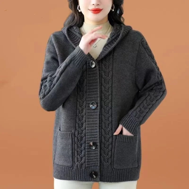 

Fashionable Knitted Cardigan Sweater Jacket Loose Hooded Top