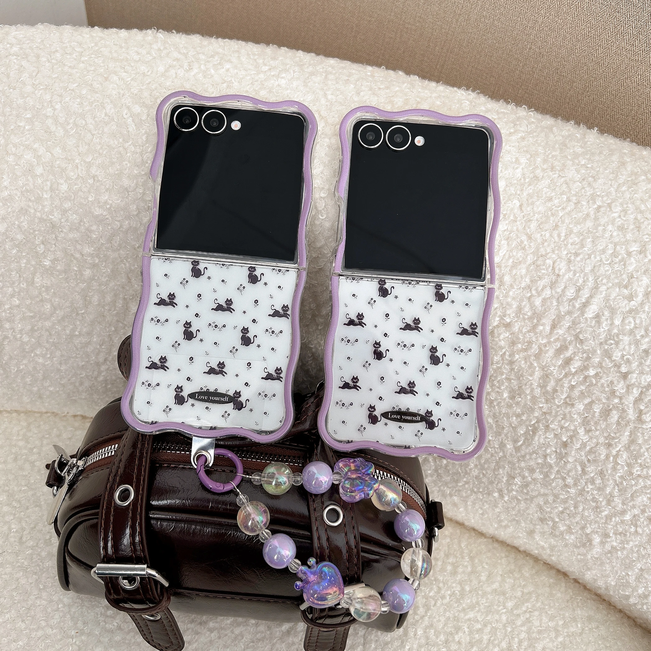 

Back Cover For Samsung Galaxy Z Flip 7 6 5 4 Case Black Cat Kitten Flower Bracelet Wristband Chain Soft Tpu Phone Case