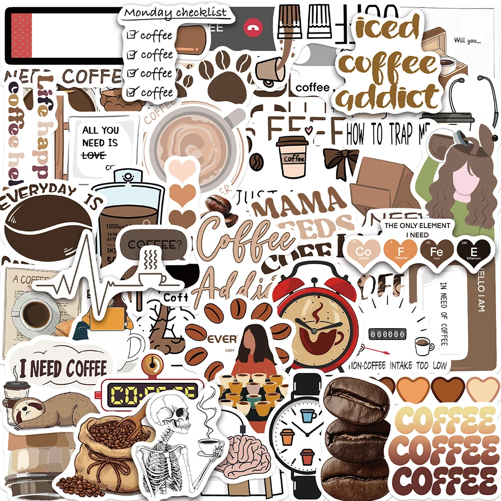 10/30/50pcs Funny Cartoon Coffee Addict Graffiti Stickers DIY Motorcycle Laptop Luggage Helmet Cute Waterproof Sticker Decal Toy