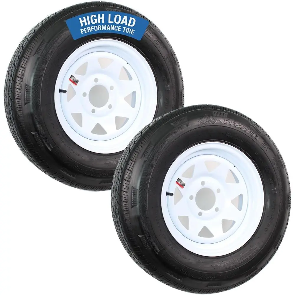 

2-Pack Radial Trailer Tire Rim ST205/75R14 14 Inch Load Range D 5 Lug On 4.5 Center White Wheel - 6 Year w/Roade