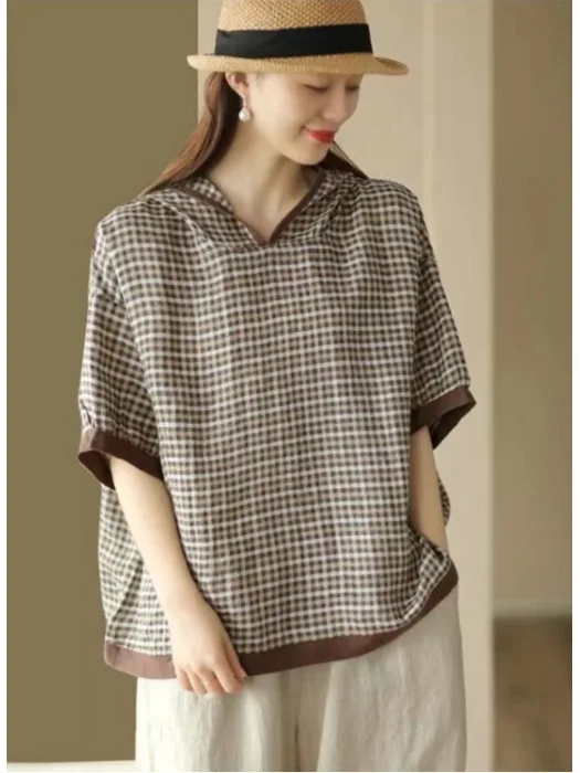 Zomer 2025, nieuwe vintage geruite dames-T-shirt met capuchon, zo, los, casual, anti-aging, high-end gevoel, irt