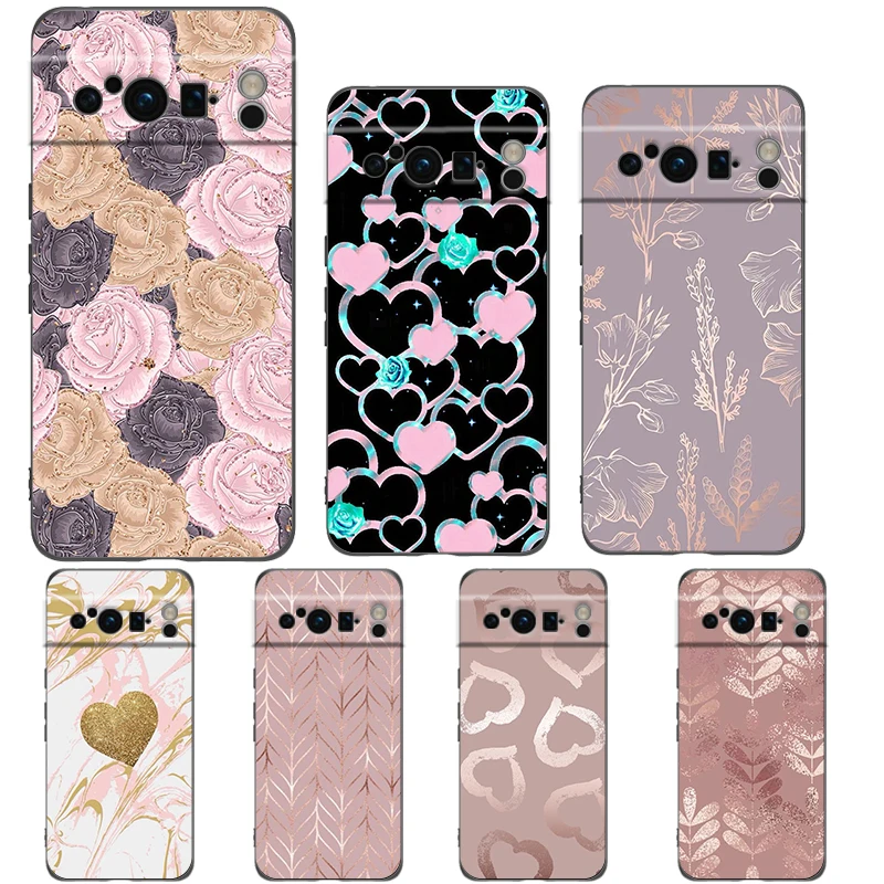 Phone Case For Google Pixel 9 8 8A 7 7A 6 Pro XL 6A 5G Black Soft Shockproof Back Cover TPU Shell Gold Rose Love Heart