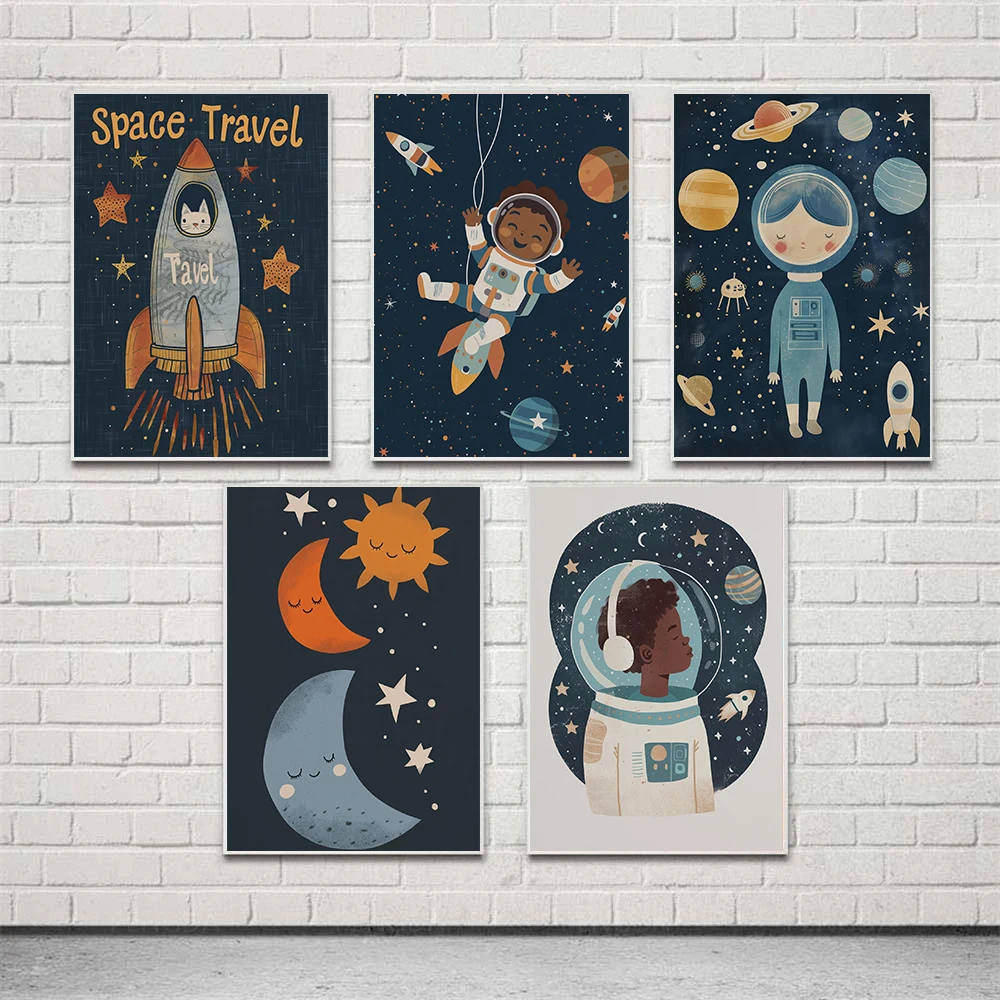 1pc frameless Canvas Painting Dreamy Space Galaxy Astronaut Nursery Posters Colorful Planet Sleepy Celestial Prints Canvas Wall