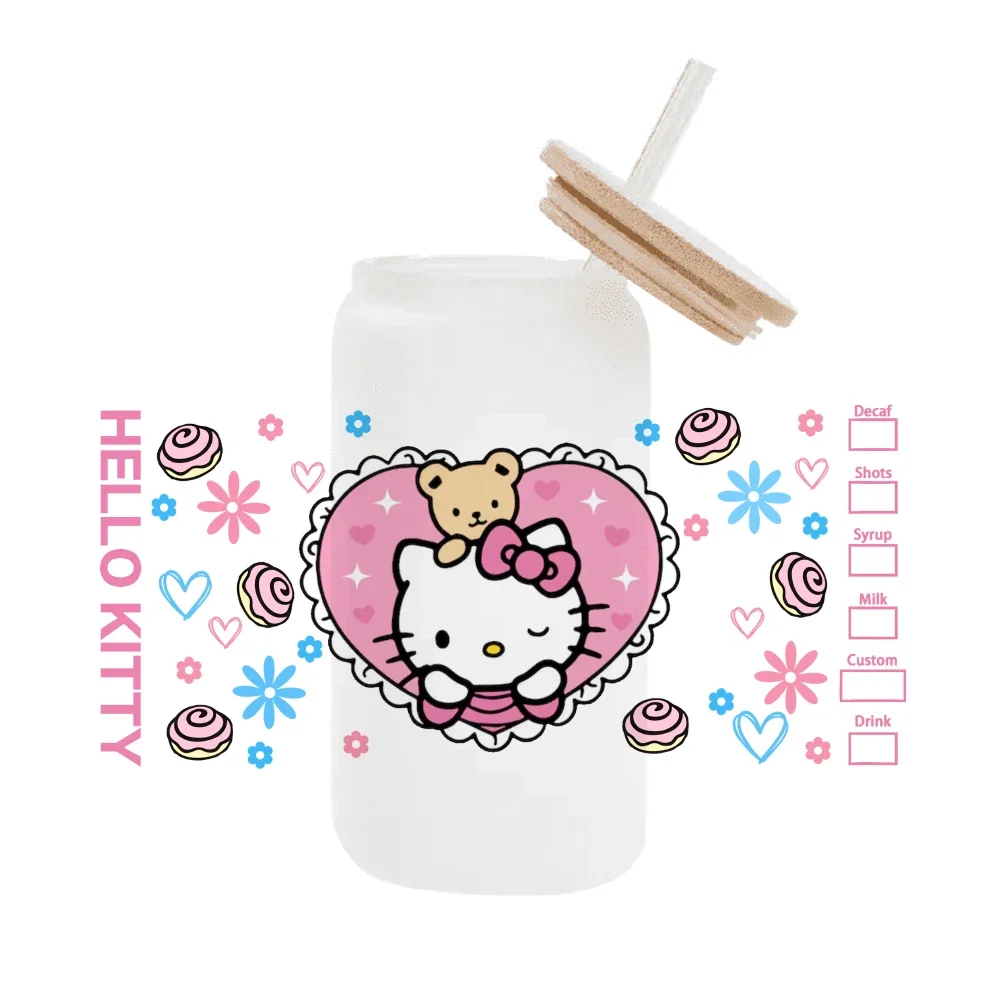 Hello Kitty Sanrio Friends Wrap pegatina para Libbey 16oz lata de vidrio impermeable Uv Dtf café lata Diy artesanía