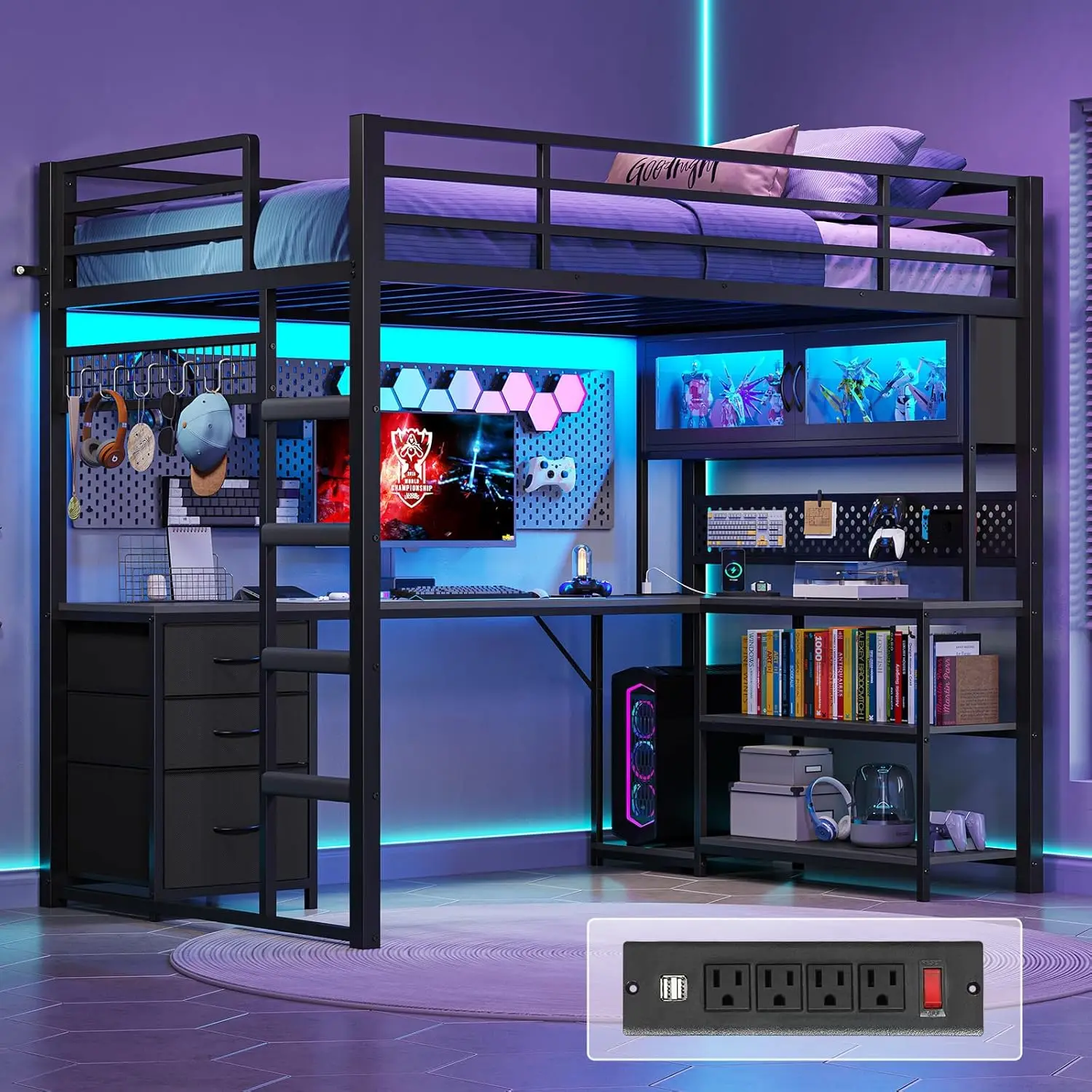 Twin Loft Bed with L-Shaped Gaming Desk, Storage Drawers, Hutch, Outlet & RGB Lights