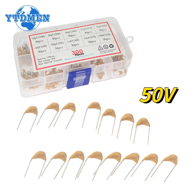 

300PCS 10value Monolithic Capacitors 50v 10pf 20pf 30pf 47pf 56pf 68pf 100pf 1nf 10nf 100nf Multilayer Ceramic Capacitor Kit