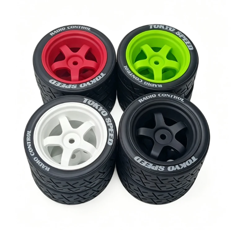 4Pcs 1/10 Scale RC on Road Car Wheels And Tires Set 5-Spoke Plastic Rims with Hard Rubber Tyres for Tamiya TT01 TT02 HSP 94123 S