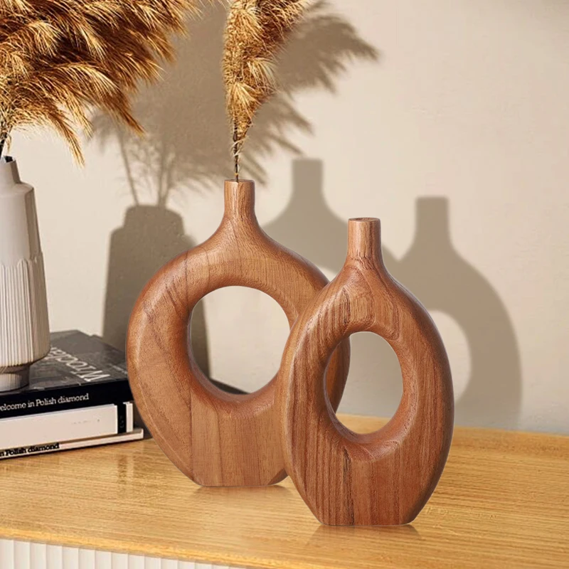 1/3 قطعة مزهرية خشبية صلبة على الطراز الشمالي حاوية زهور جافة غير منتظمة الحلي الحرف اليدوية الراقية ديكور غرفة الطاولة المنزلية