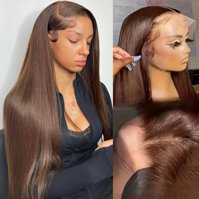 36 بوصة مستقيم الشوكولاته البني 13x6 خصلات الشعر المستعار الإنسان 220 الكثافة البرازيلي HD الدانتيل خصلات الشعر المستعار الإنسان للنساء