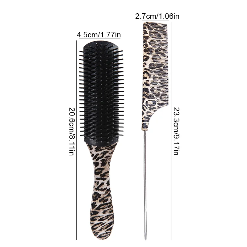 2pcs Professional Hair Brush Set Leopard Print 9-Row Scalp Massage Comb with Rat Tail Comb Smoothing Hair Styling Tools Salon
