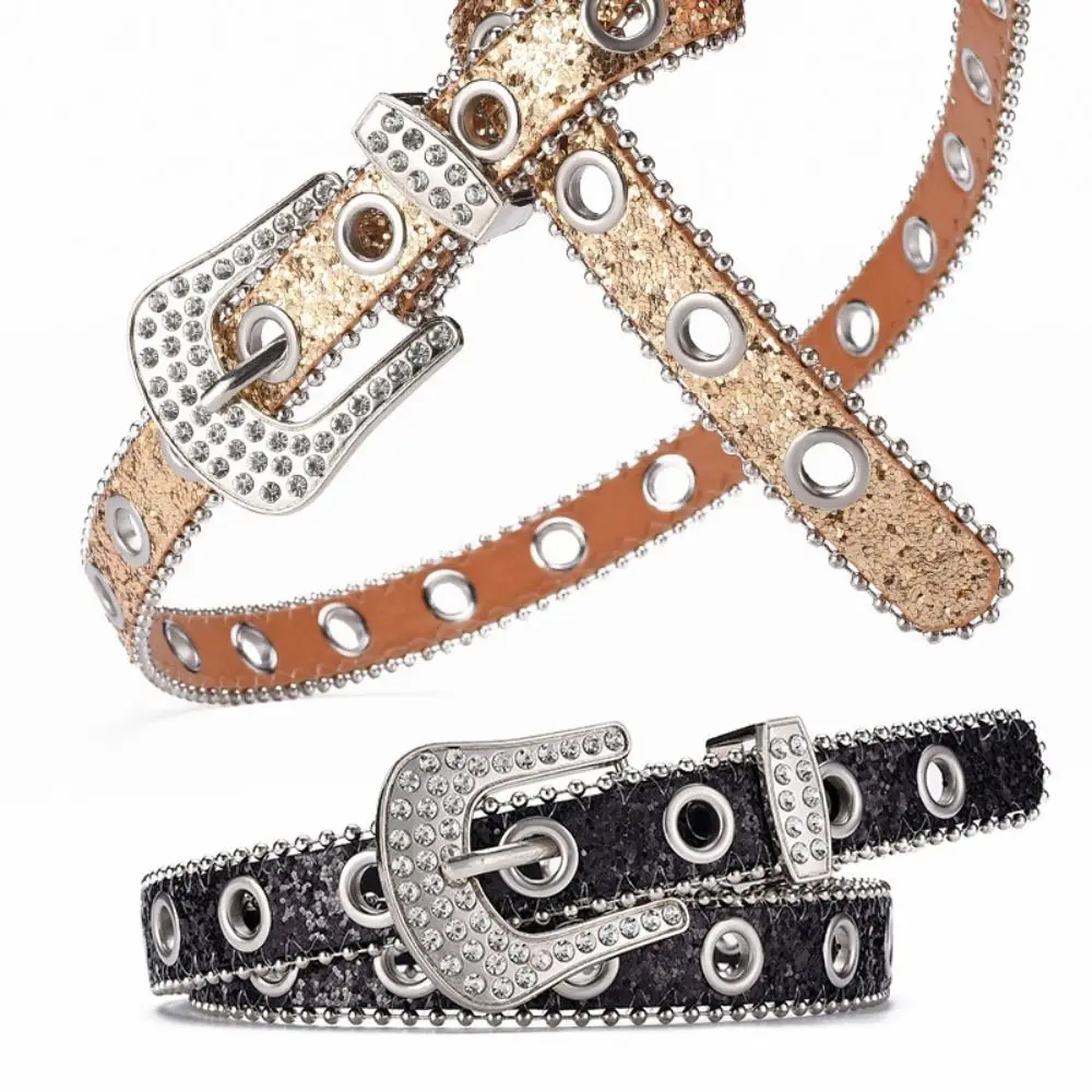 Metal Buckle PU Leather Belt Crystal Wide Side Y2k Jeans Decoration Trouser Decor Waistband Decor Rhinestone Waist Belt