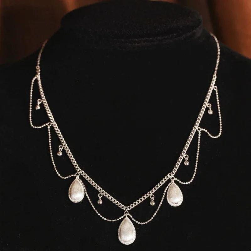 Bellux Vintage Boho Multi‑Layer Choker Necklace 925 Silver Gold Plated Teardrop Tassel Pendant Women Party Wedding Jewelry