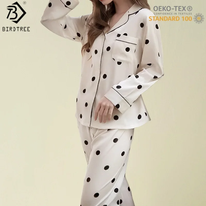 

BirdTree, OEK-TEX, 19MM 100% Silk Pajamas Set, Full Sleeve, Women's Dot Print Lapel Homewear Casual Clothes, 2026 New S64117JF