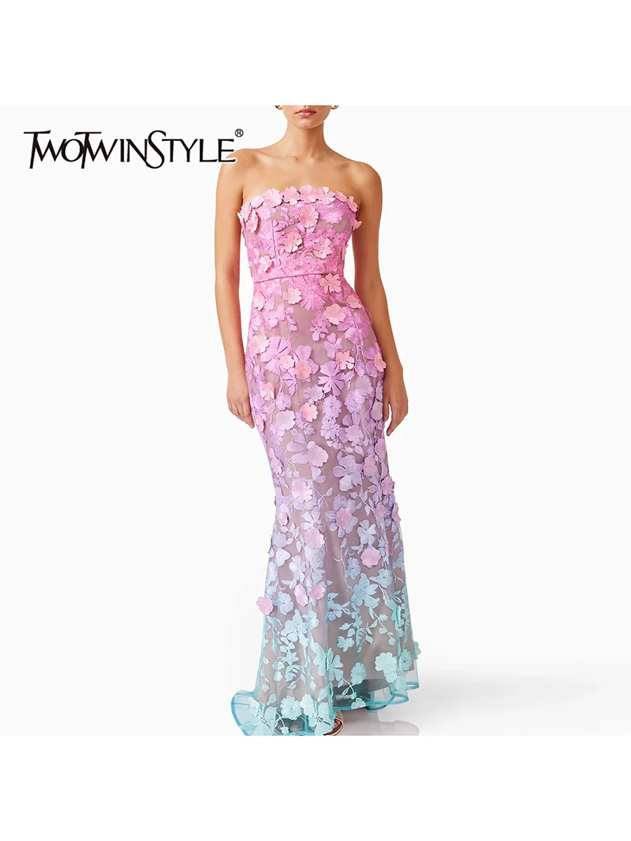 

TWOTWINSTYLE Hit Color Spliced Appliques Slimming Dresses For Women Strapless Sleeveless High Waist Temperament Long Dress New