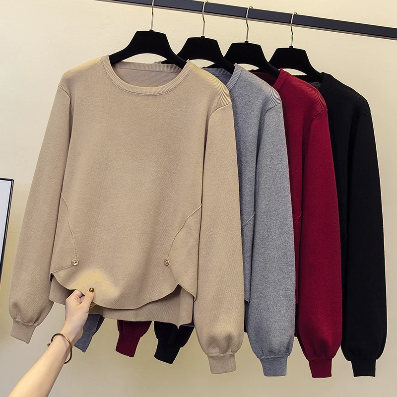 

Women's Sweaters Spring Autumn Basic Round Neck Pullover Casual Knit Thick Button Top Fashion Worsted Wool Large Size Sweaters