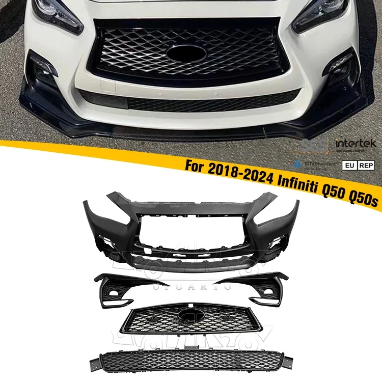 New Carbon Fiber Look Front Bumper Cover Upper Grille Lower Grille Fog Lamp Cover Auto Body Kits for Infiniti Q50 Q50s 2018-2024