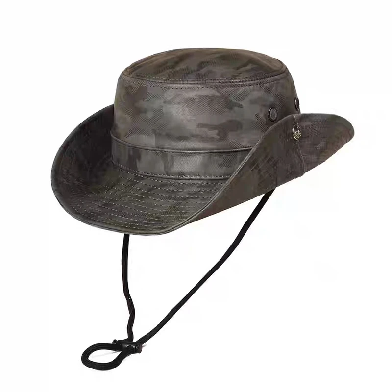 Unisex Genuine Leather Bucket Hats Fisherman Caps Easy Carry Street Bonnet  Youth Outdoor hiking hat Windproof Rope Warm