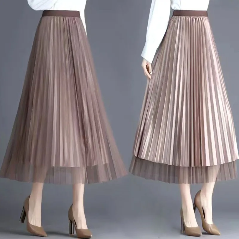 

Spring Summer Women's Reversible Pleated Mesh Midi Skirt High Waist A-line Slim Fit Versatile