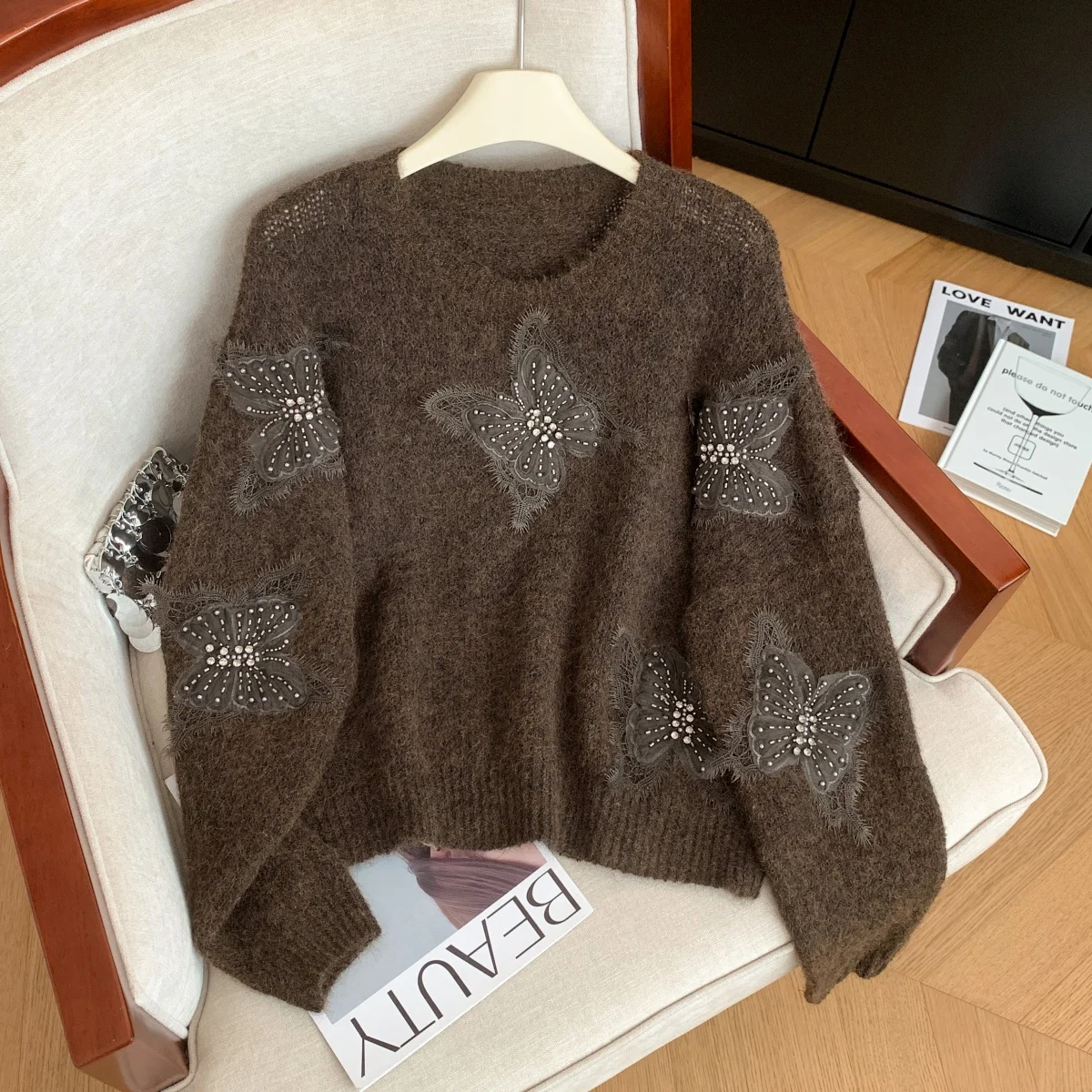 المرأة البني متماسكة البلوز سترة خمر البلوز متماسكة طويلة الأكمام فراشة سترة الكشمير المعنقة الخريف الشتاء 2000s الملابس 2025