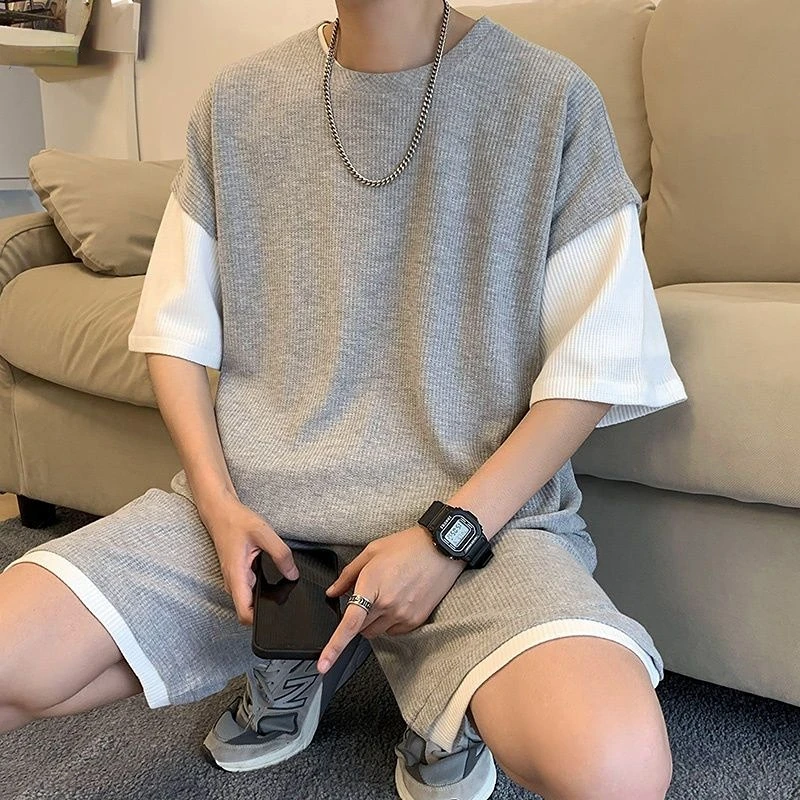 Men Casual Sets Patchwork Solid Color O-neck T-shirt Drawstring Loose Shorts Outdoor Casual Jogging Tracksuit Men Streetwear