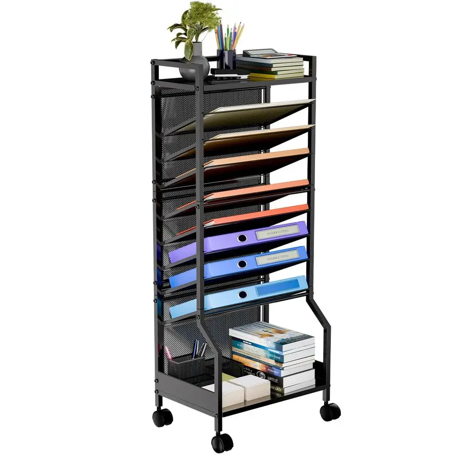 

10 Tier Rolling File Cart, Desk File Organizer with Wheels and Storage Drawers, Legal documents can be stored, Metal Mesh Paper