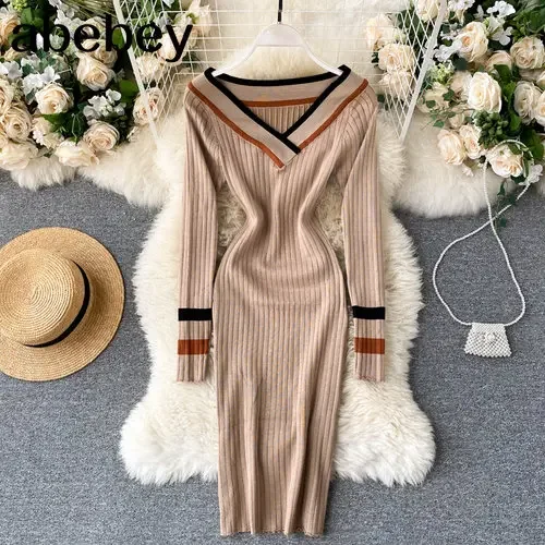 Spring Colorblock Elegant Pencil Dress Women V Neck Elastic