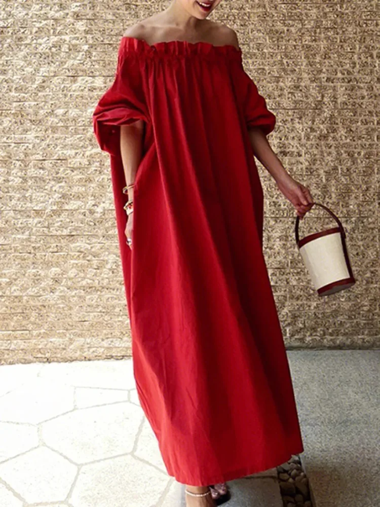 

Yeezzi Women Fashion Elegant Off-The-Shoulder Red Wedding Banquet Maxi Dresses 2024 New Summer Half Sleeves Loose Pleated Dress