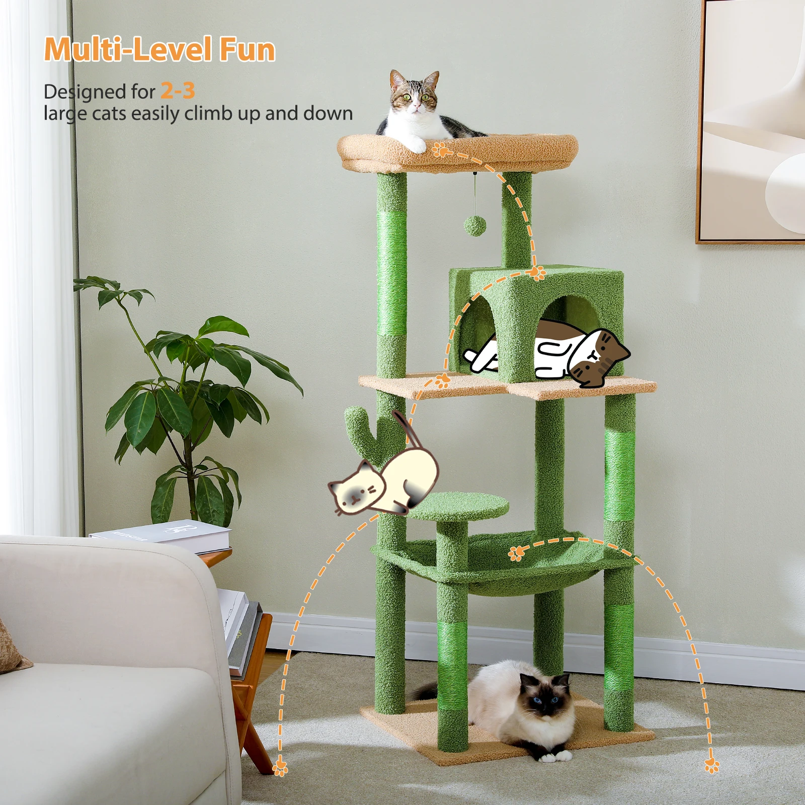 Cactus Cat Tree with Scratching Posts Big Hammock for Indoor Cats with 2 Condo House, 6-Tier Cat Shelves with Large Top Perch