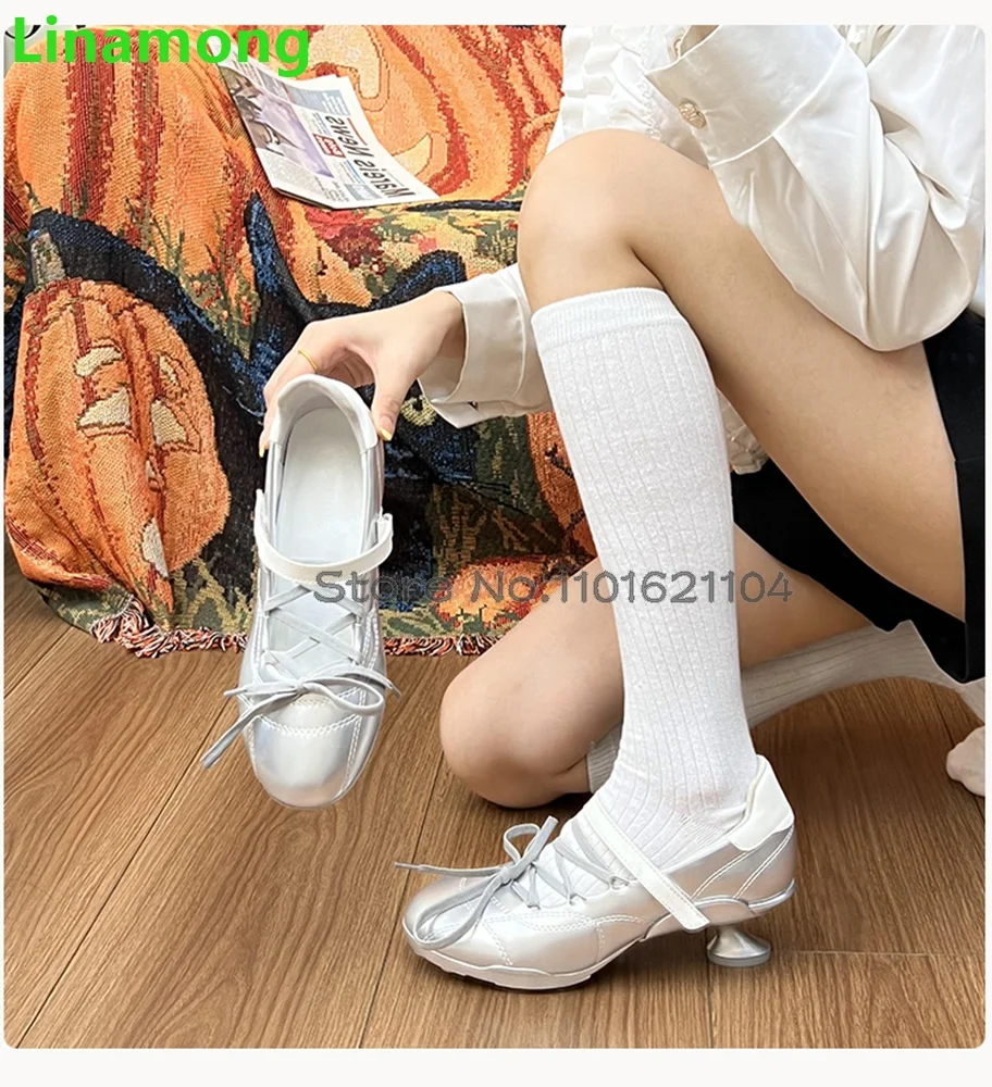 Sports Style Ballet Pumps For Female Female Strange Heel Lace-up Round Toe Shallow 2024 New Design Casual Fashion All-match Shoe