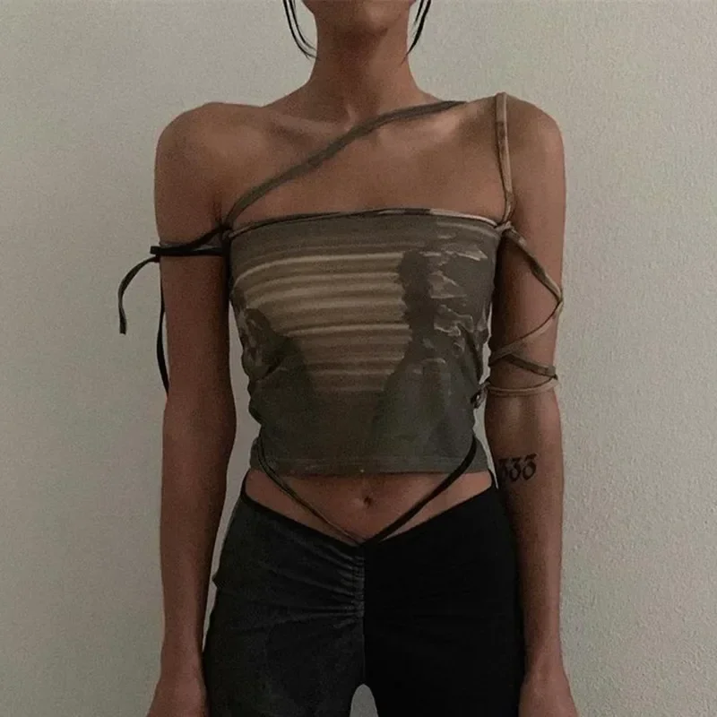 Green Fairy Grunge Bandage Crop Tops Vintage Aesthetic Tie Dye Slim Belt Y2K Bodycon Tube Top Elfcore Women Streetwear вязаная