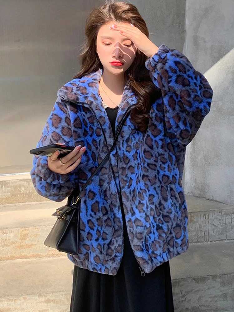 Jaqueta de inverno fofo feminina coreano moda azul leopardo casaco de pele do falso manga longa com zíper quente macio casaco de pele do falso casacos