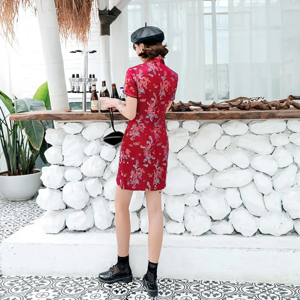 Short-sleeve Cheongsam Elegant Dragon Phoenix Print Cheongsam Dress for Women Slim Fit Retro Chinese Style Qipao for Wedding