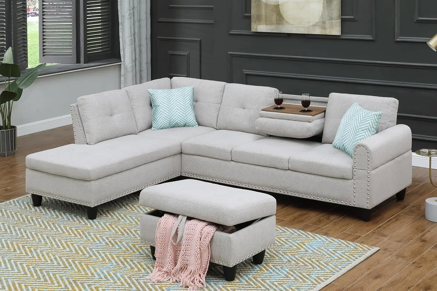Juego de muebles seccionales para sala de estar, sofá moderno en forma de L con 2 almohadas, tapizado otomano, gris, Extra ancho