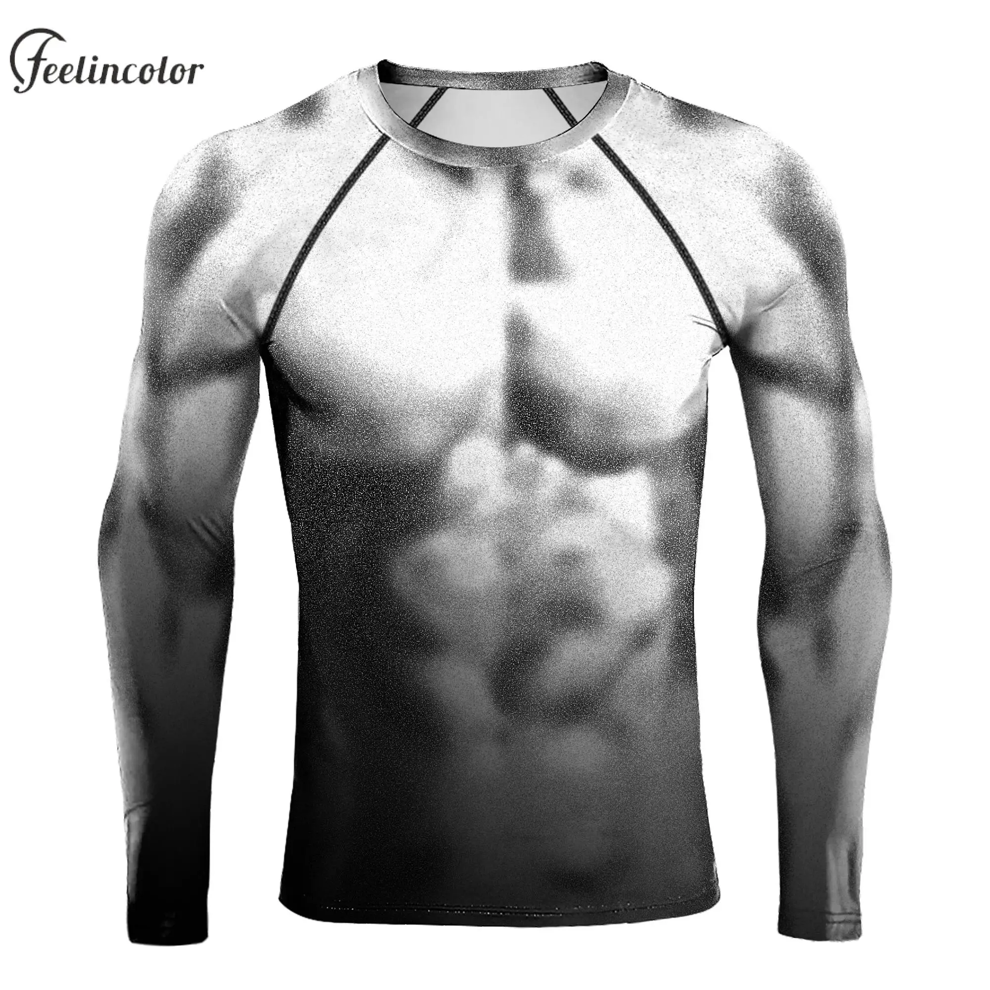 Camicie muscolari con stampa 3D per uomo T-shirt fantasia a maniche lunghe Maschile Fitness Compressione Top Girocollo Abbigliamento maschile