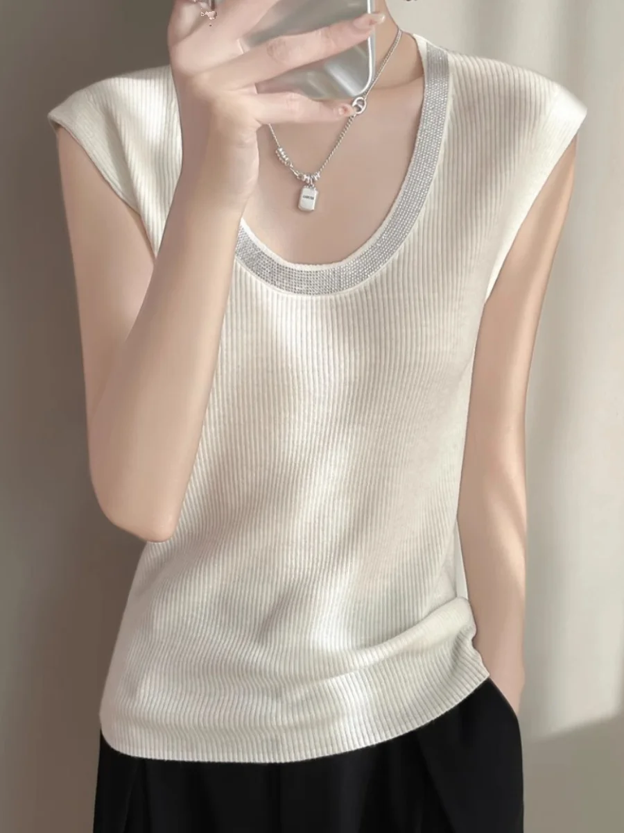 Ele Strick-Trägerweste für Damen, Sle, schlankmachend, rund, Ne Frühling 2025, Neuankömmling, luxuriöse Strass-Textur