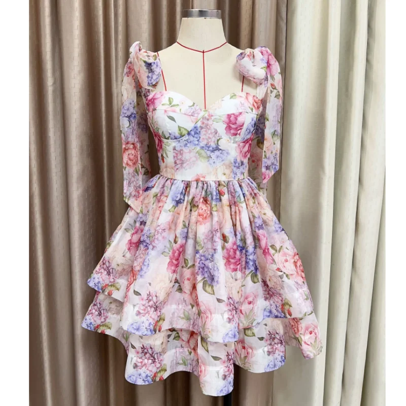 

New Women Dress Sleeveless Short Dress V-Neck Print Lace Up Bow Female Party Beach Dress