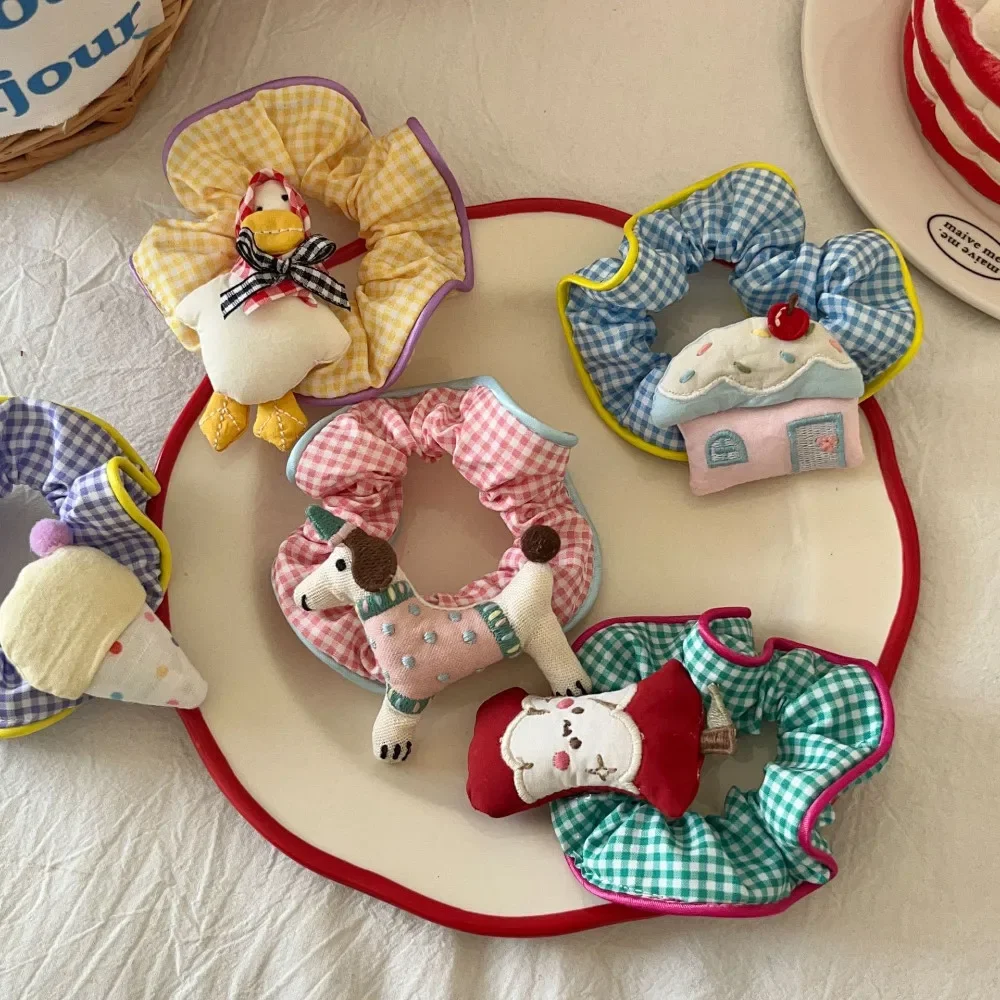 

Cartoon Candy Color Doll Large Intestine Headband Sweet Girl Versatile Grid Cat Ponytail Hair Rope