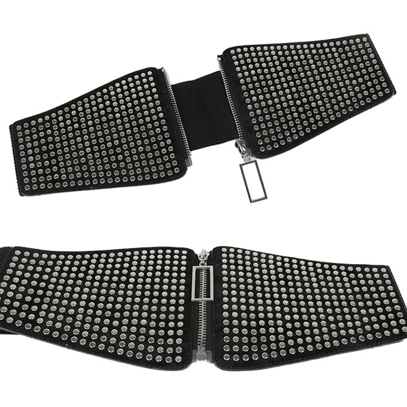 Fashion Elastic Rivet Cummerbund Belt Knitted Black Wide Waistband Slimming Body High Waist Ladies Zipper Waist Belt Decorative