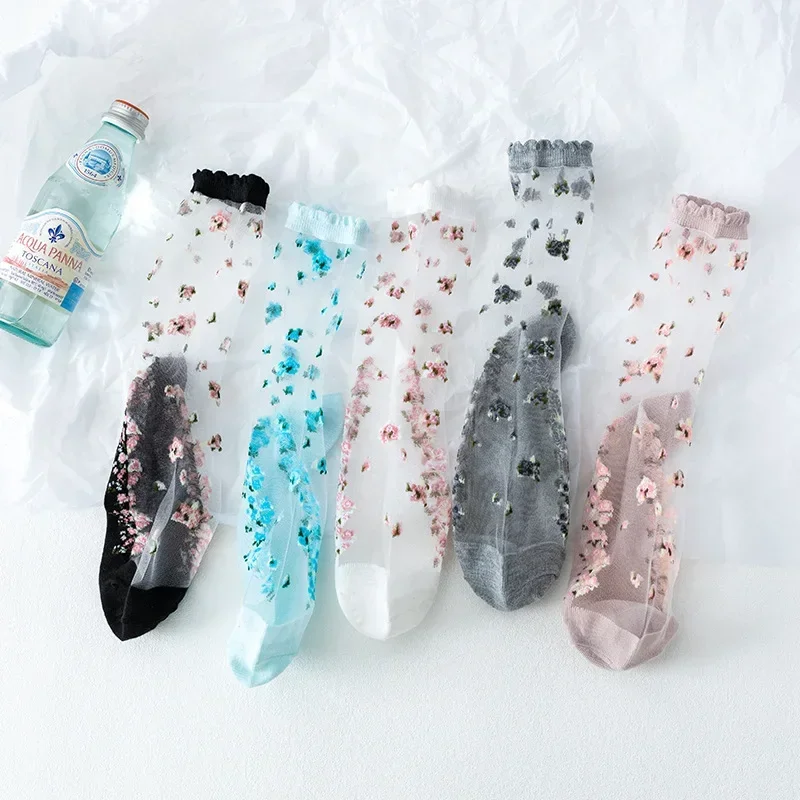 5 Pairs Breathable Ultra Thin Socks Summer Women Transparent Lace Silk Crystal Rose Flower Girls Elastic Short Socks Female Sox