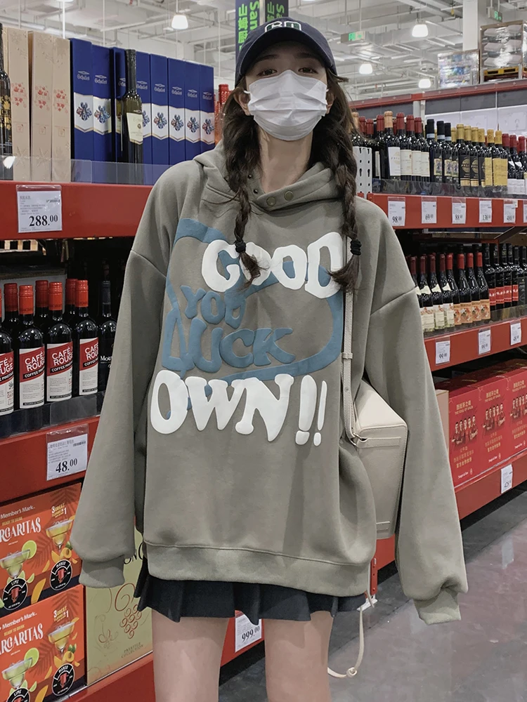 2024 Fall Winter Thick Warm Fleece Sweatshirts Women Long Sleeve Pullovers Hoodies Loose Casual Tops Hooded Letter Jumpers